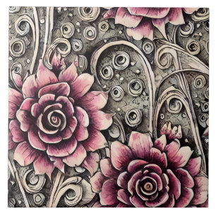 Groot  Gotisch Roze Bloempatroon Tegeltje