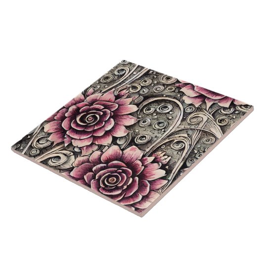 Groot  Gotisch Roze Bloempatroon Tegeltje (Zijkant)