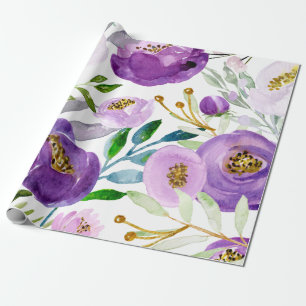 Groot goud- en Ultraviolet Floral Pattern Cadeaupapier