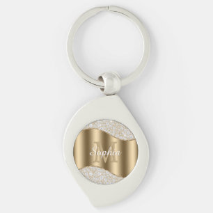 Groot gouden monogram, witte naam in schrijfletter sleutelhanger