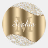 Groot goudmonogram, witte scriptnaam, diamanten ronde sticker (Voorkant)