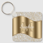 Groot goudmonogram, witte scriptnaam, diamanten sleutelhanger (Voorkant)