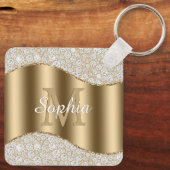 Groot goudmonogram, witte scriptnaam, diamanten sleutelhanger (Achterkant)