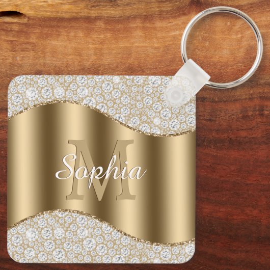 Groot goudmonogram, witte scriptnaam, diamanten sleutelhanger (Achterkant)