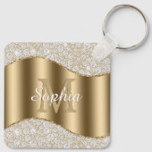 Groot goudmonogram, witte scriptnaam, diamanten sleutelhanger (Achterkant)