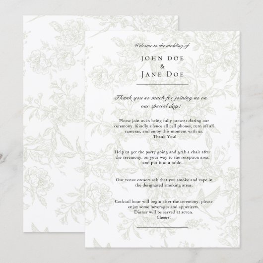 Groot groen bloem bruiloftsprogramma programmakaart (Voorkant / Achterkant)