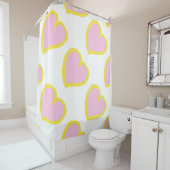 Groot hartenpatroon gele roze op wit douchegordijn (In situ)