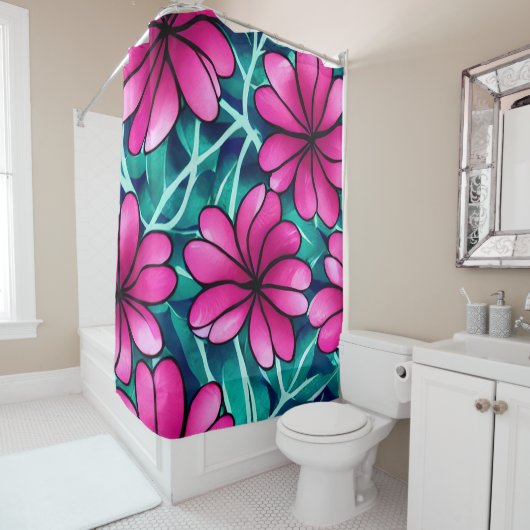 Groot helder roze bloemenpatroon douchegordijn (In situ)