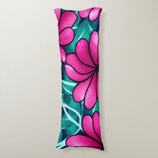 Groot helder roze bloemenpatroon lichaamskussen (Voorkant Verticaal)