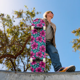 Groot helder roze bloemenpatroon persoonlijk skateboard