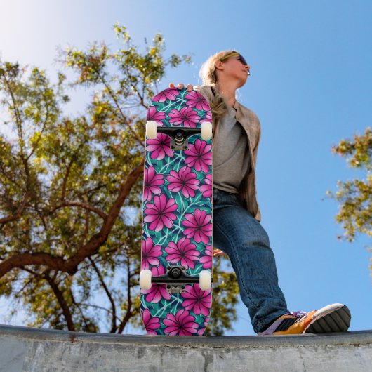 Groot helder roze bloemenpatroon persoonlijk skateboard (Buiten 1)