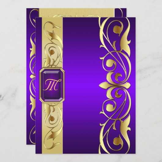 Groot-hertog Paarse Juweel Goud & Paarse Uitnodigi Kaart (Voorkant / Achterkant)