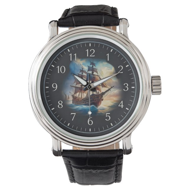 Groot houten zeilschip eWatch horloge (Voorkant)