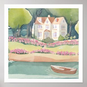 Groot huis aan het meer en de boot poster