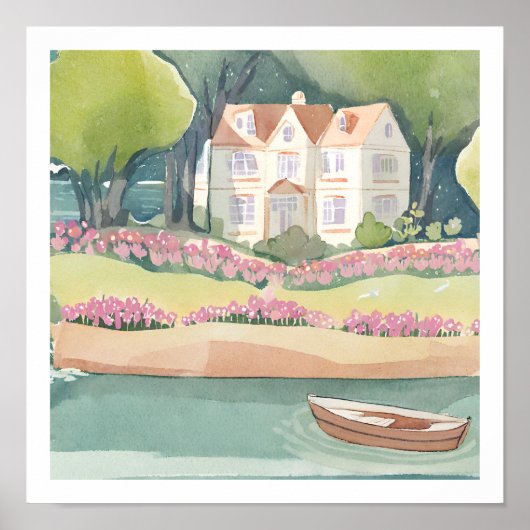 Groot huis aan het meer en de boot poster (Voorkant)