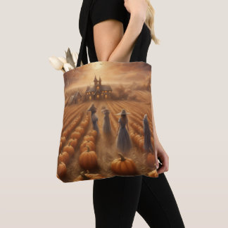 Groot huis in de pompoenveld Halloween herfst cade Tote Bag