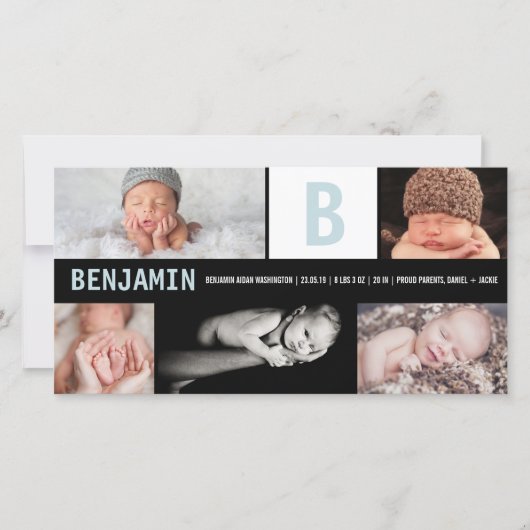 Groot Initiaal Blauw Baby Jongen Monogram 5 Foto G Aankondiging (Voorkant)