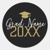 Groot Jaar - Afstudeerder Naam en Pet - Zwart Goud Ronde Sticker (Voorkant)