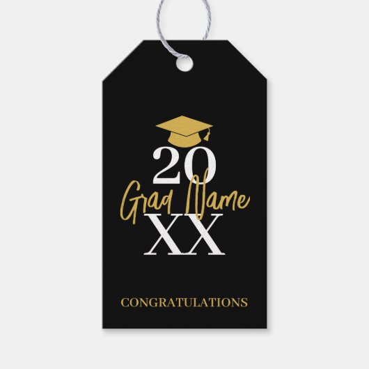 Groot Jaar - Naam en Pet - Zwart Goud Afstuderen Cadeaulabel (Voorkant)