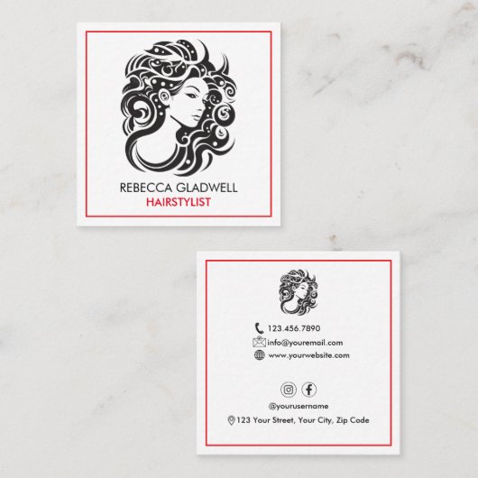Groot krullend haar vrouw portret haarstylist vierkante visitekaartje (Voorkant / Achterkant)