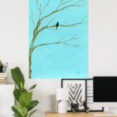 Groot landschapschilderij Zwarte Vogel in Boom Poster (Thuiskantoor)