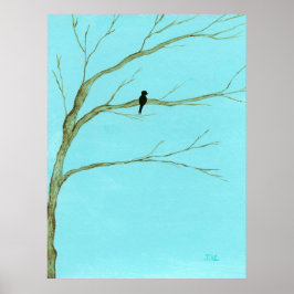 Groot landschapschilderij Zwarte Vogel in Boom Poster