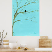 Groot landschapschilderij Zwarte Vogel in Boom Poster (Keuken)