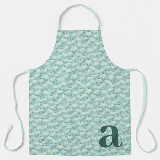 Groot Letter Monogram Turkoois Blauw Bloemmotief Schort (Voorkant)