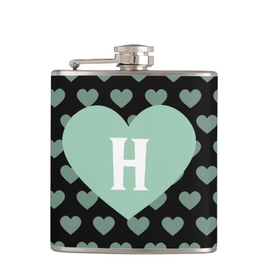 Groot lichtgroen hart en zwarte achtergrond heupfles (Voorkant)