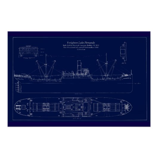 Groot Meren Vrachtschip Lake Fernando Blauwdruk Perfect Poster (Voorkant)