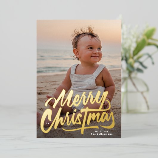 GROOT modern GOUD SCRIPT Vrolijk kerstfeest Folie Feestdagenkaart (Staand Voorkant)