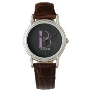 Groot monogram en naam, lavender/witte tekst, zwar horloge
