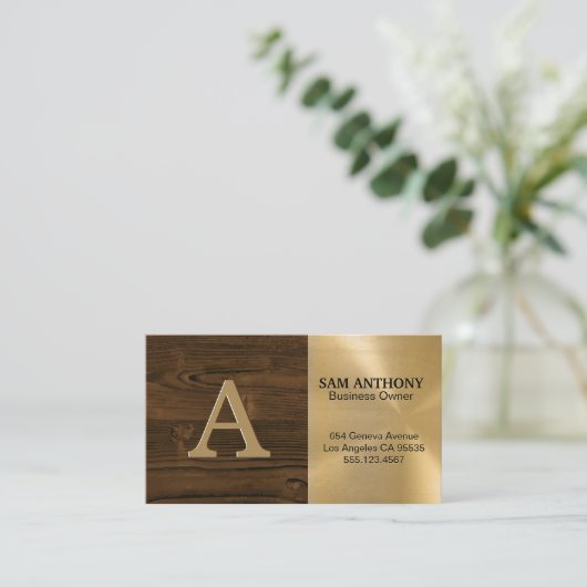 Groot monogram | houtnerf goud metallic visitekaartje (Staand voorkant)