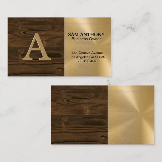 Groot monogram | houtnerf goud metallic visitekaartje (Voorkant / Achterkant)