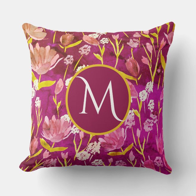 Groot Monogram Initiaal Romantisch Bourgondië Flor Kussen (Voorkant)