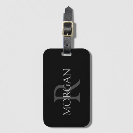 Groot Monogram & Naam, Zwarte & Grijze Tekst Bagagelabel (Voorkant (verticaal))
