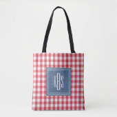 Groot monogram op rode en witte karoschouder tote bag (Voorkant)