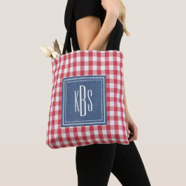 Groot monogram op rode en witte karoschouder tote bag