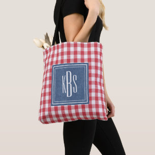 Groot monogram op rode en witte karoschouder tote bag