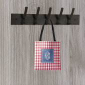Groot monogram op rood en wit geplakt schouder tote bag