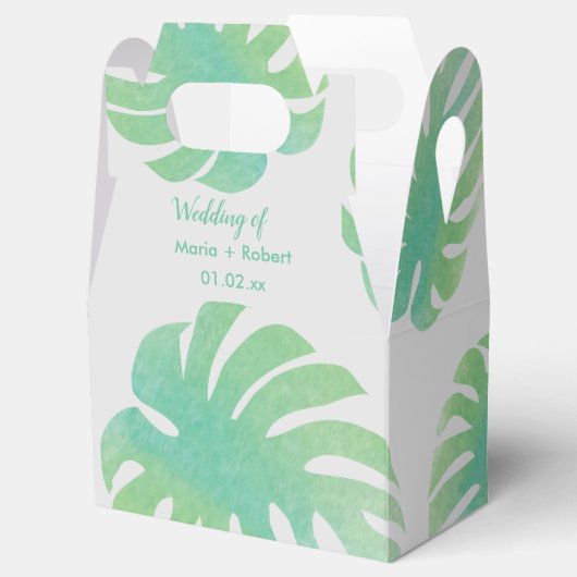 Groot monstera laat groen botanische bruiloft over bedankdoosjes (Geopend)