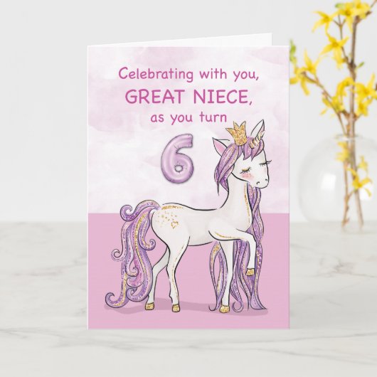 Groot nichtje 6e verjaardag roze paard met kroon kaart (Gele Bloem)