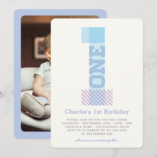 Groot Nummer 1 Stripes Baby Boy 1e Verjaardagsfees Kaart (Voorkant / Achterkant)