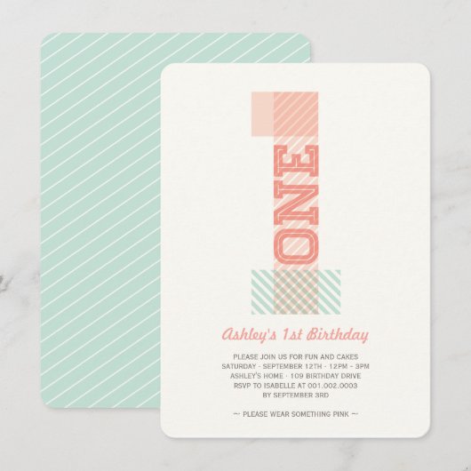 Groot Nummer 1 Stripes Baby Meisje 1e Verjaardagsf Kaart (Voorkant / Achterkant)