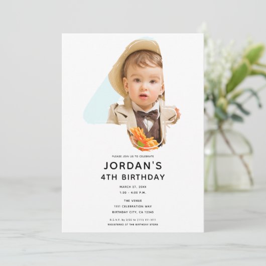 Groot Nummer 4 VIER Foto Vierde 4e Verjaardagsfees Kaart (Staand voorkant)