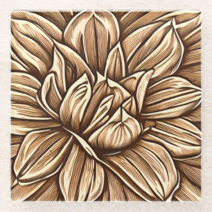 Groot Pioenbloempatroon in Bruin en Beige Glazen Onderzetter