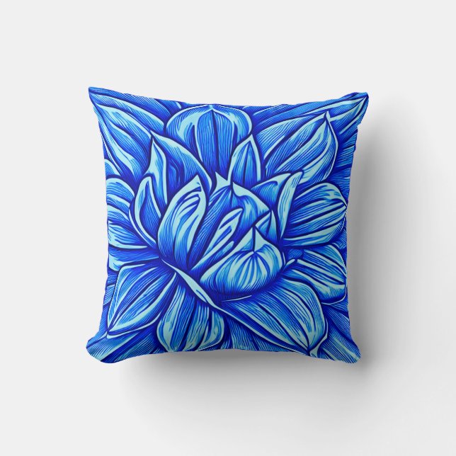Groot Pioenbloempatroon in Indigo Blauw Kussen (Voorkant)