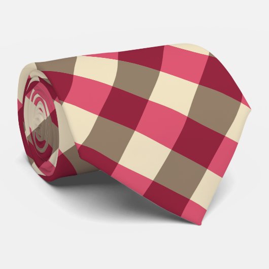 Groot Plaid in Bourgogne, Cream en Taupe Tan Stropdas (Opgerold)