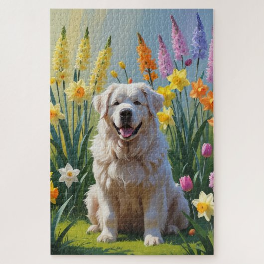 Groot Pyreneeën Hond Lente Bloemen Schilderij Legpuzzel (Verticaal)