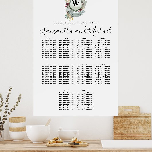 Groot Rood Floral Crest 10-Tabel Zitkuur Poster (Keuken)